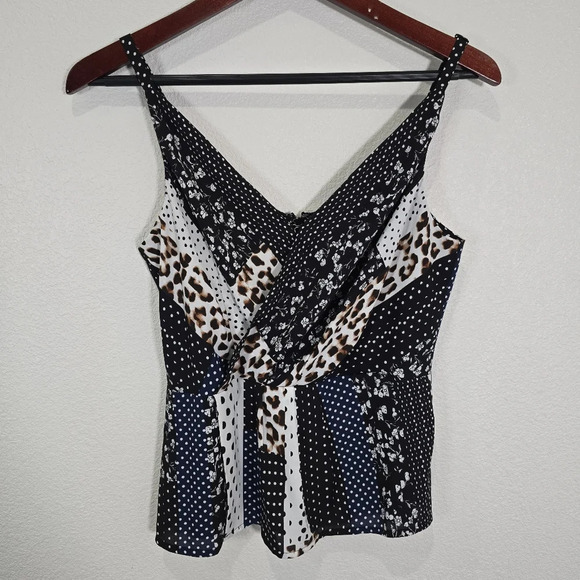 CAbi 3787 Womens Crossover Cami Sz 4 Black Brown Animal Print Polka Dot‎ - Picture 3 of 10
